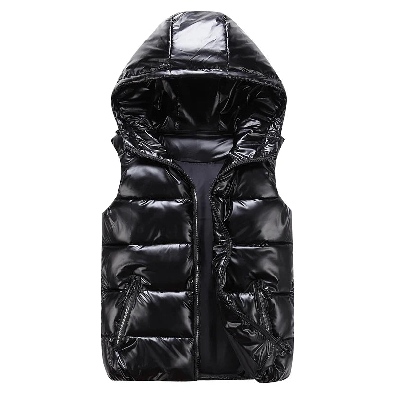 Unisex Steppweste mit Kapuze Glänzend Reißverschluss Daunenlook Freizeit Outdoor