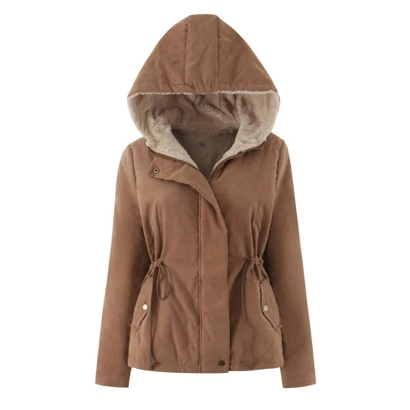 Damen Winterjacke mit Kapuze, Teddyfutter und Kordelzug in der Taille