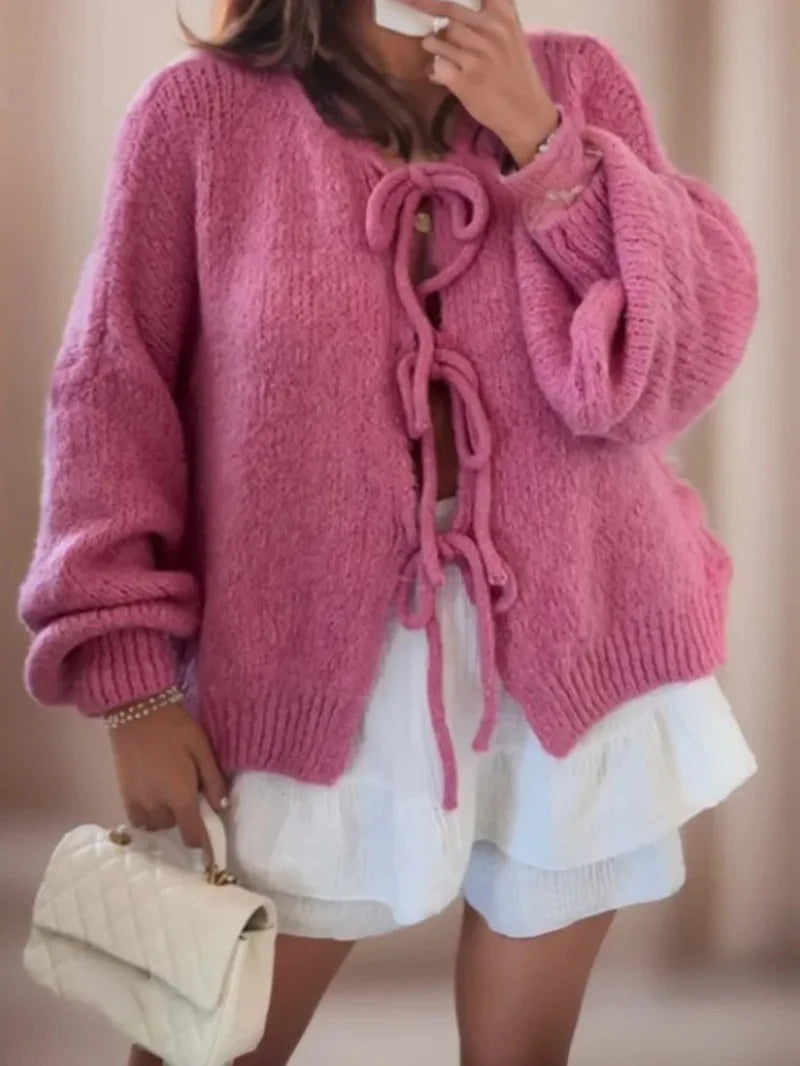 Damen Strickjacke mit Schleifendetails und Puffärmeln