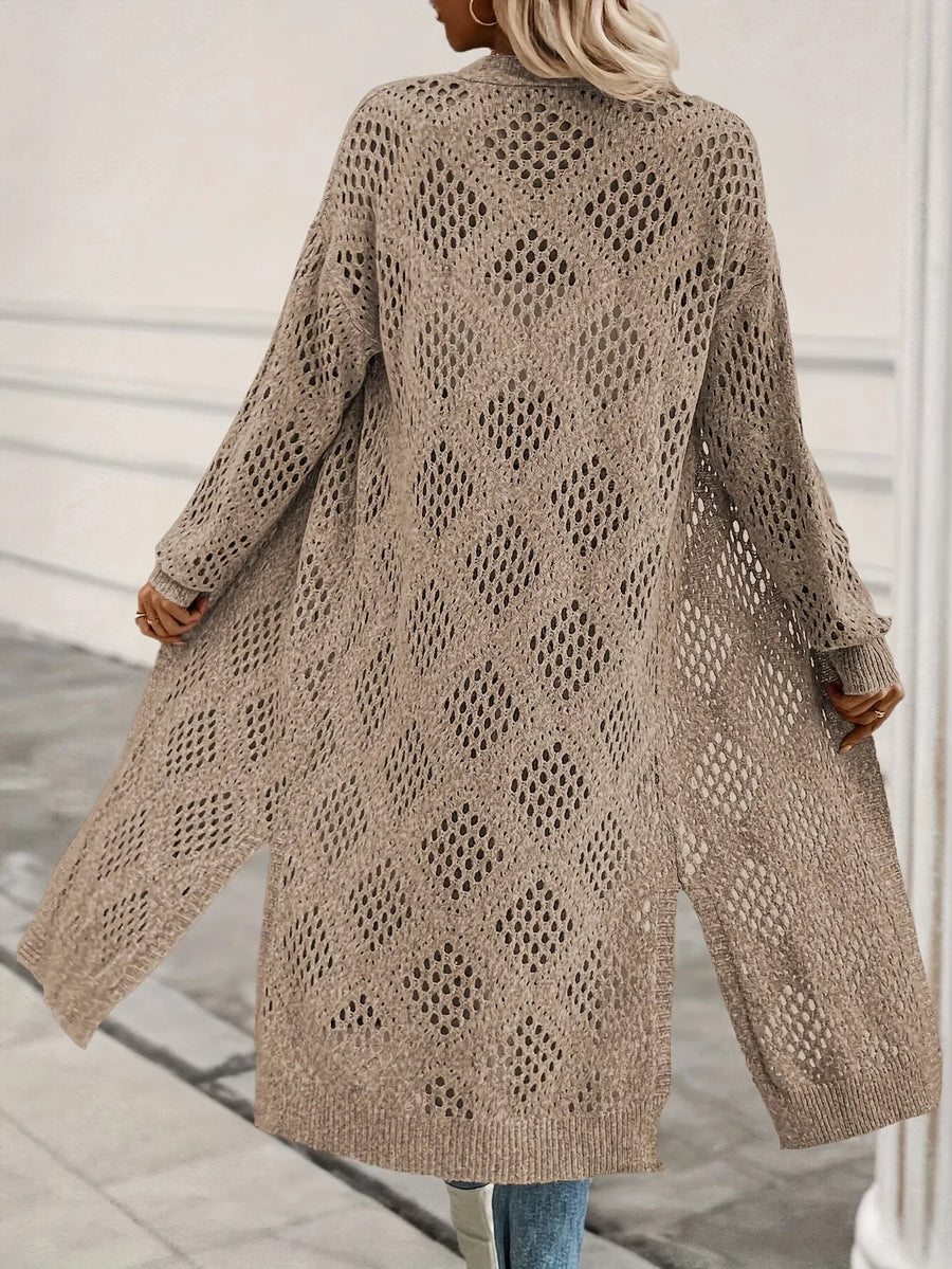 Lang damesvest van breiwerk met ajourpatroon, beige
