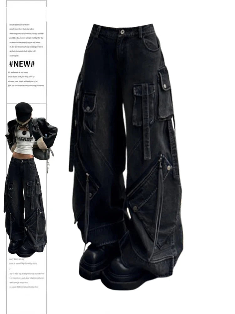 Loose Fit Cargo-Jeans für Damen, weite Passform, mehrere Taschen, dunkles Grau