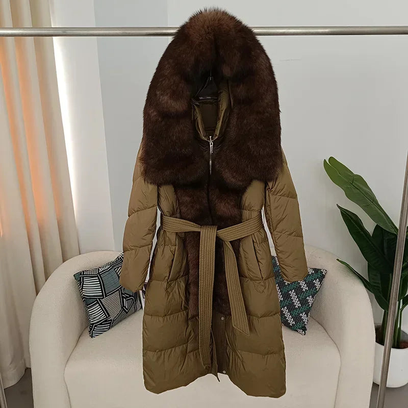 Damen Winter Steppmantel Lang mit Kapuze und Kunstpelzbesatz Gürtel