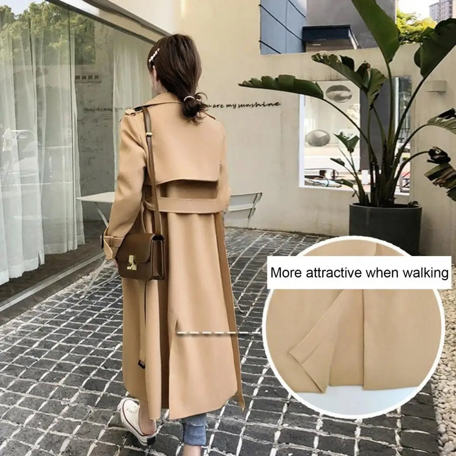 Damen Trenchcoat Lang Zweireihig mit Gürtel Beige