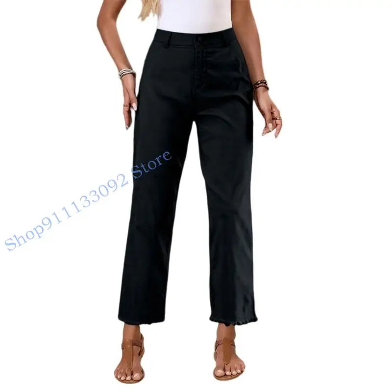 Damen Stoffhose mit geradem Bein, Hoher Bund & Fransen Saum – Beige