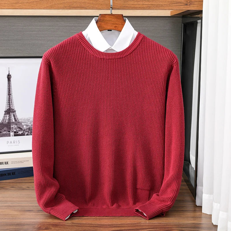 Heren pullover met ronde hals, gebreide pullover, geribbeld, effen kleuren