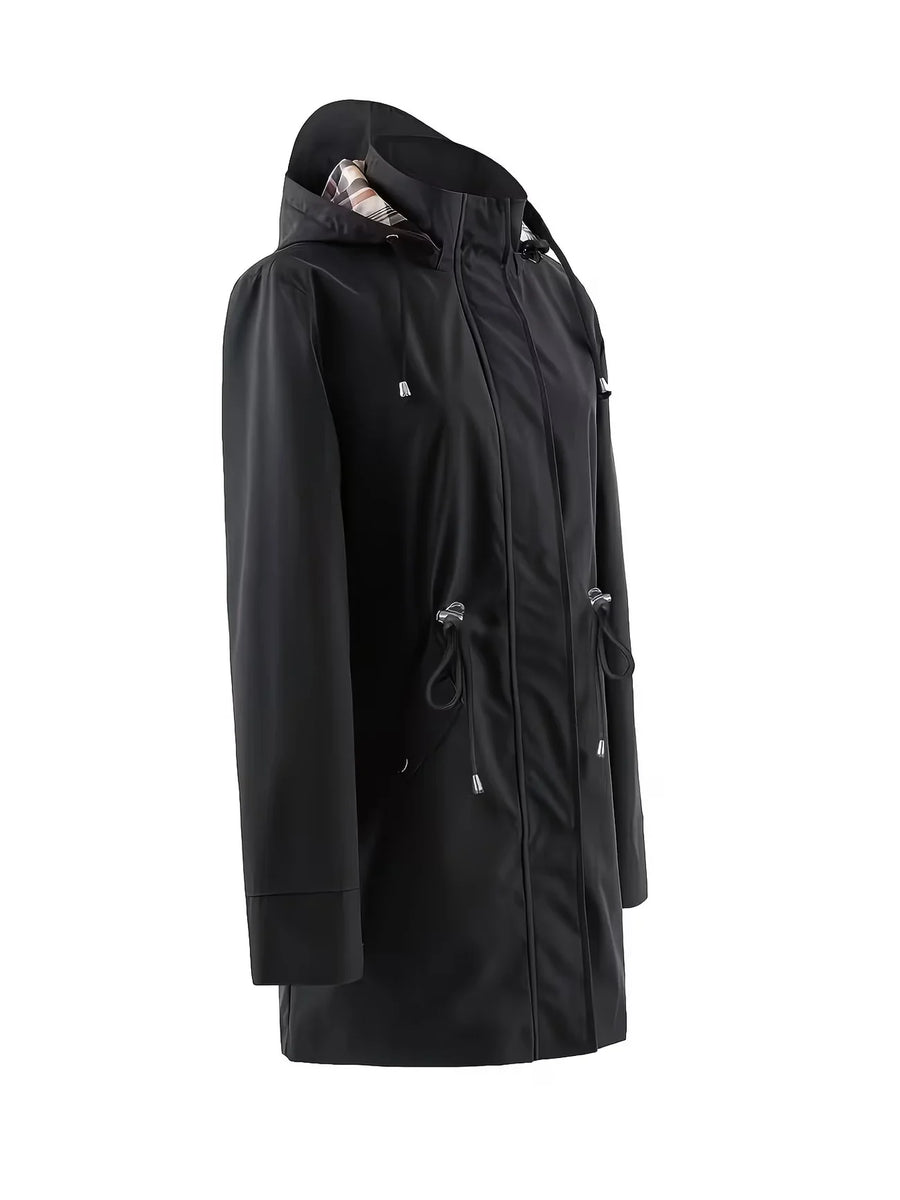 Damen Regenjacke Winddicht Atmungsaktiv mit Kariertem Futter Schwarz