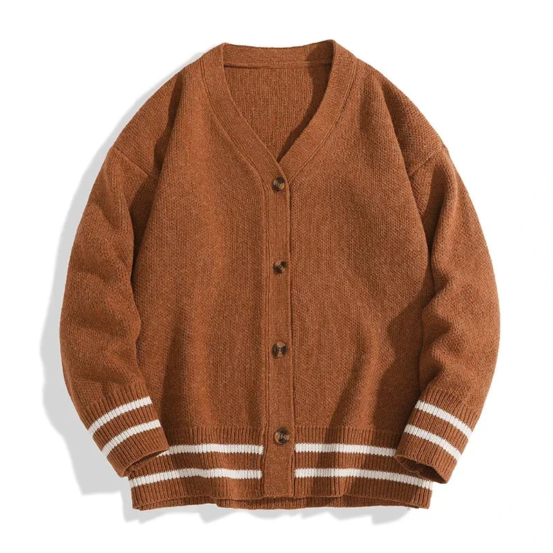 Unisex gebreid vest met V-hals, knoopsluiting en gestreepte mouwen