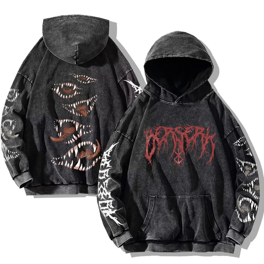 Vintage hoodie met capuchon en kangoeroezak – Berserk-print