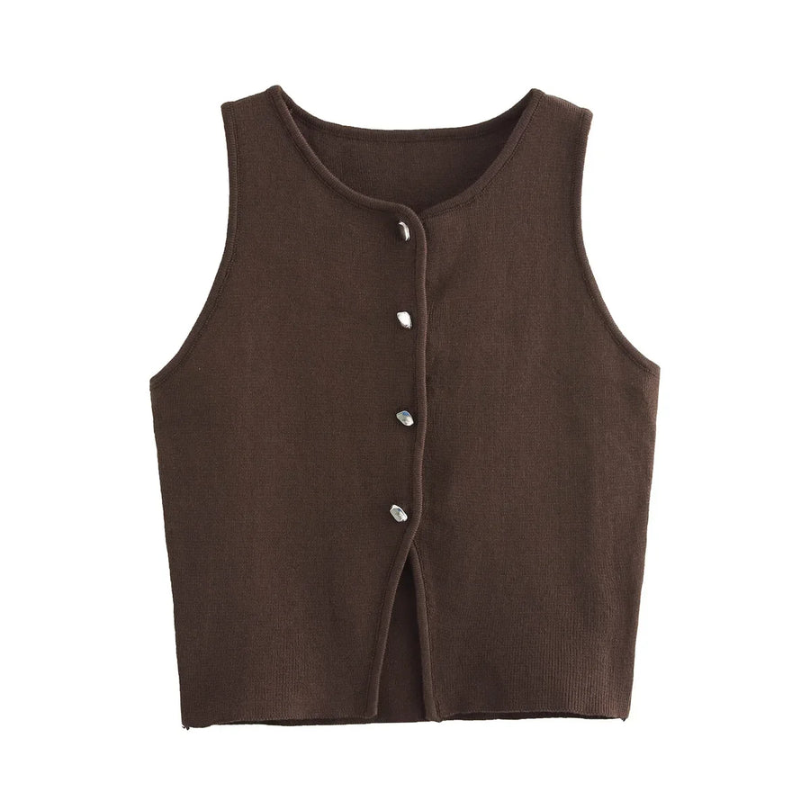 Kort damesvest van gebreid materiaal, zonder mouwen, met knopen