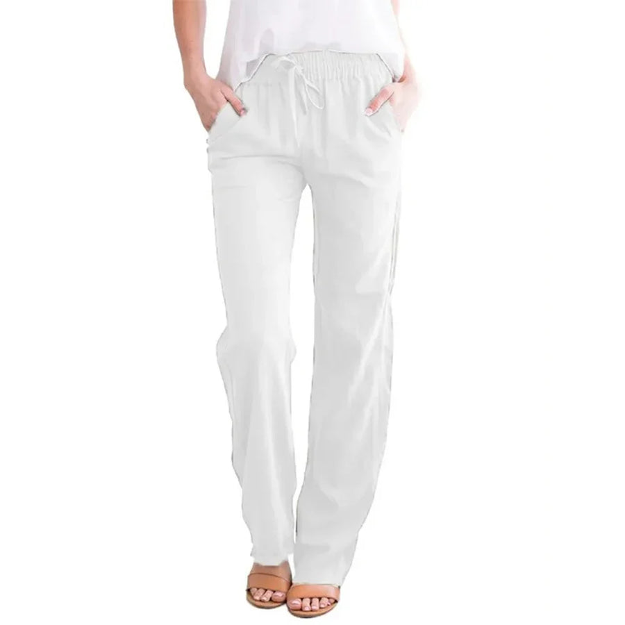Damen Freizeithose Weites Bein Elastischer Bund Kordelzug Taschen