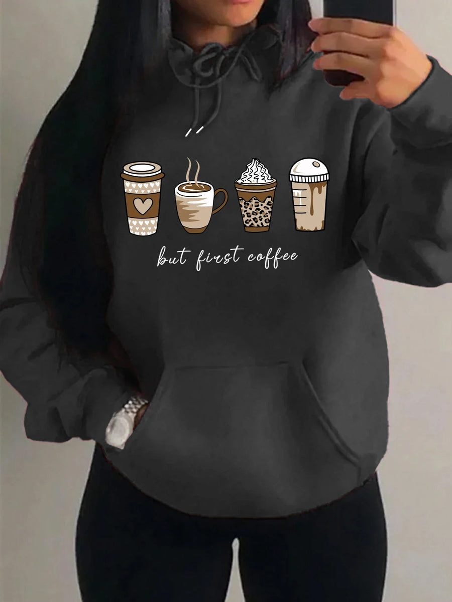 Dameshoodie met "But First Coffee"-opdruk en kangoeroezak