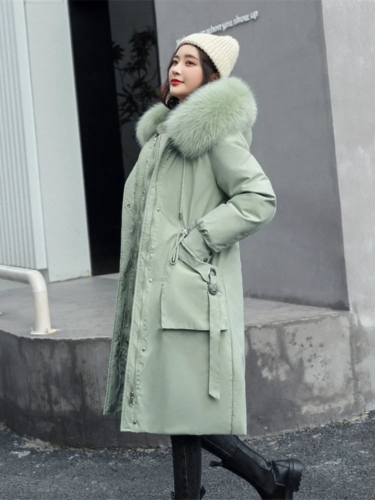 Damen Wintermantel mit Kapuze und Fellimitatbesatz, langer Parka