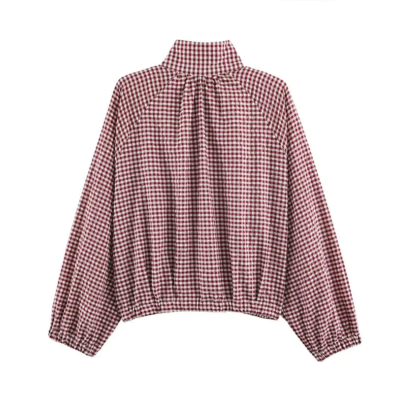 Damen Bluse Gingham Karomuster Stehkragen Langarm