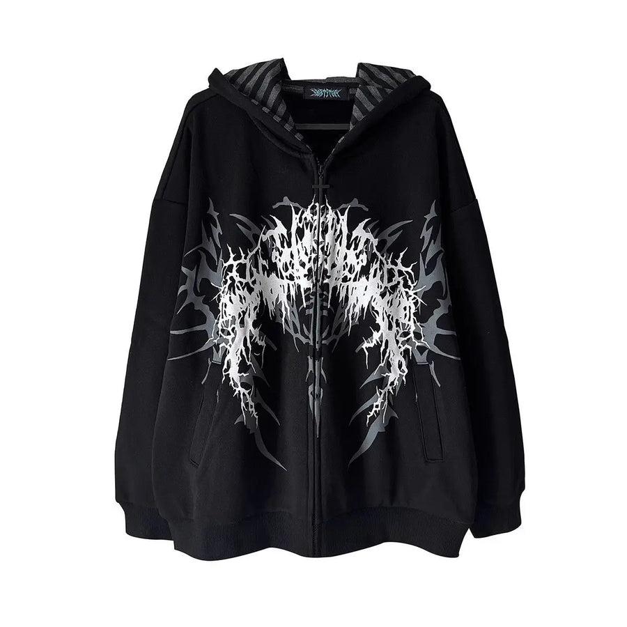 Oversized unisexhoodie met rits en capuchon, met gothic-print