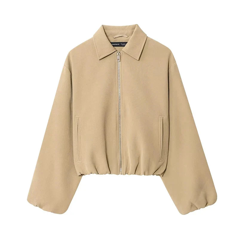 Damen Kurzjacke mit Reißverschluss & Kragen, weite Ärmel, Beige