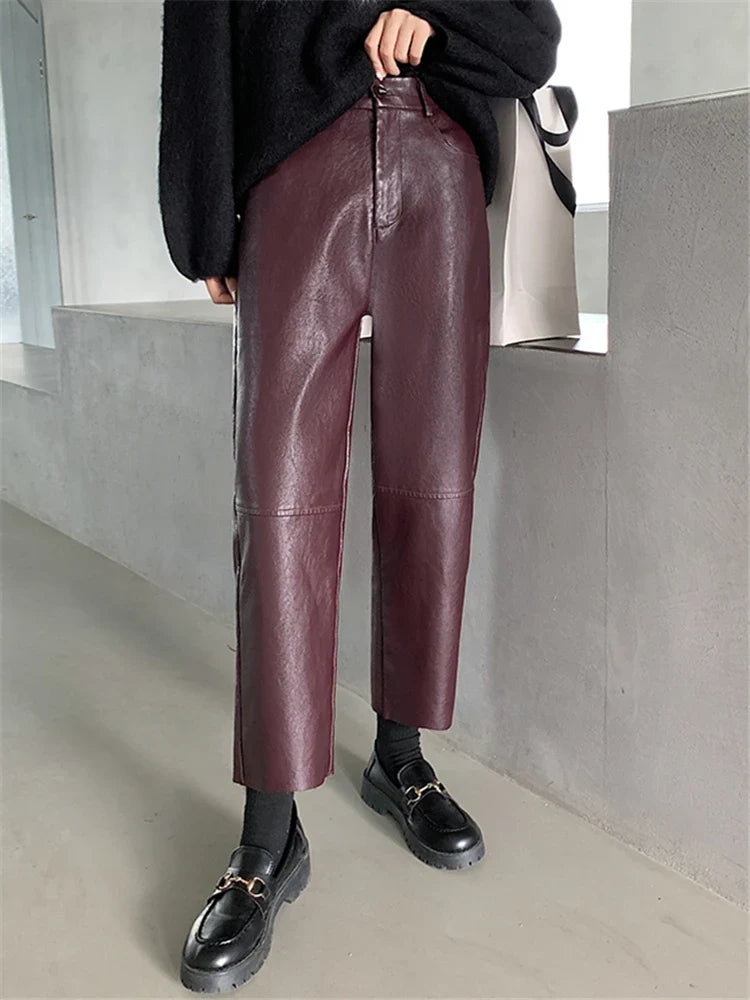 Damen Hose im Leder-Look Weites Bein Schwarz Burgund
