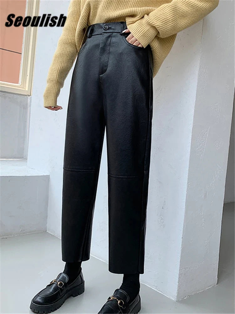 Damen Hose im Leder-Look Weites Bein Schwarz Burgund