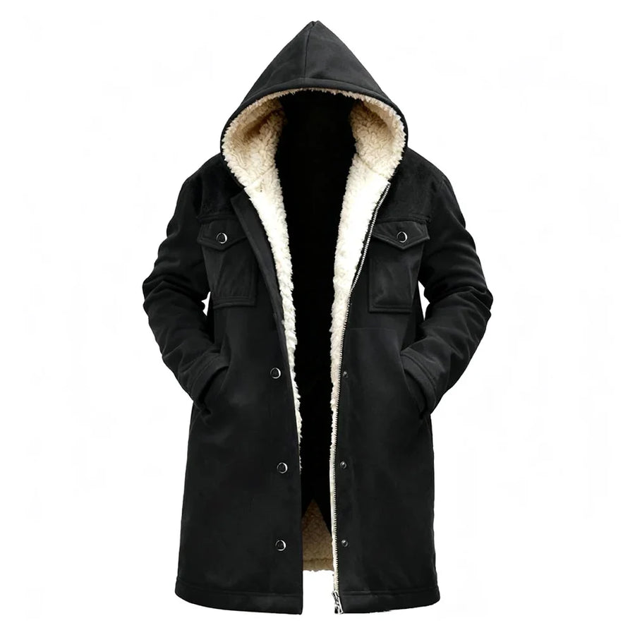 Herren Winterparka mit Kapuze und Teddyfutter, lange Übergangsjacke mit Knopfleiste