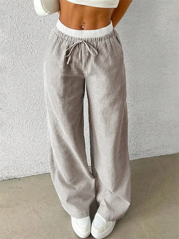 Dames gestreepte broek met wijde pijpen, elastische tailleband, trekkoord en geplooide look
