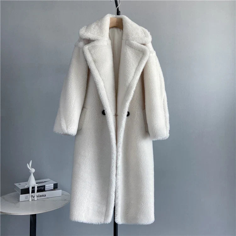 Damen Langer Teddyfell Mantel mit Reverskragen und Taschen