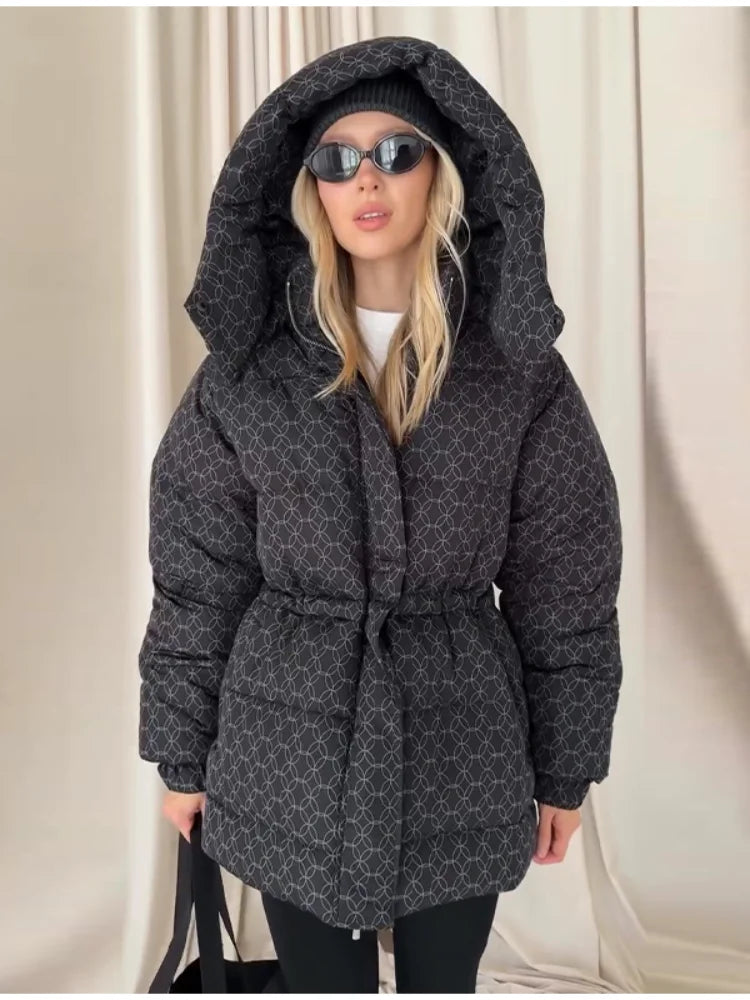 Damen Steppjacke mit Kapuze und Kordelzug, Braun/Beige/Schwarz