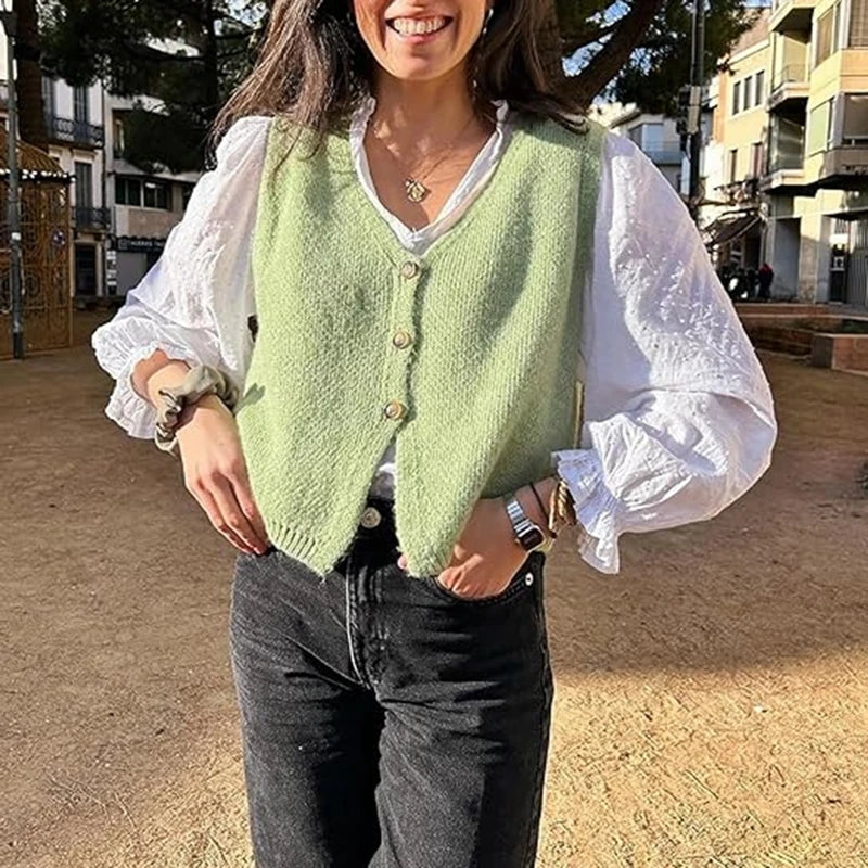 Damen Strickweste mit V-Ausschnitt und Knopfleiste
