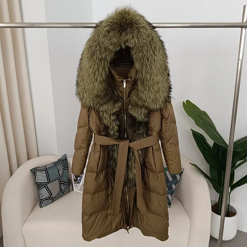 Damen Winter Steppmantel Lang mit Kapuze und Kunstpelzbesatz Gürtel