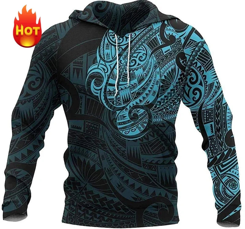 Unisex hoodie met capuchon en tribaal patroon in blauw/zwart