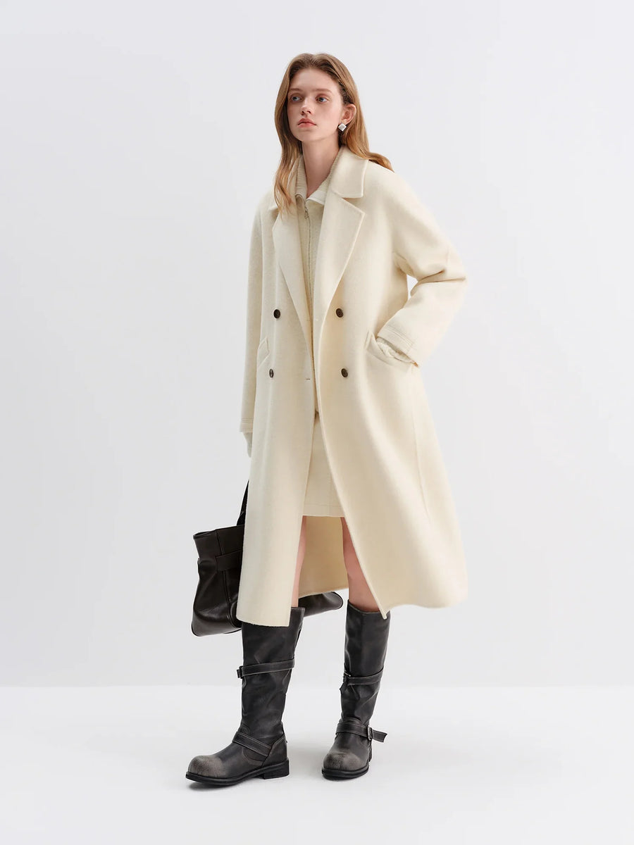 Damen Doppelreiher Mantel lang beige-camel