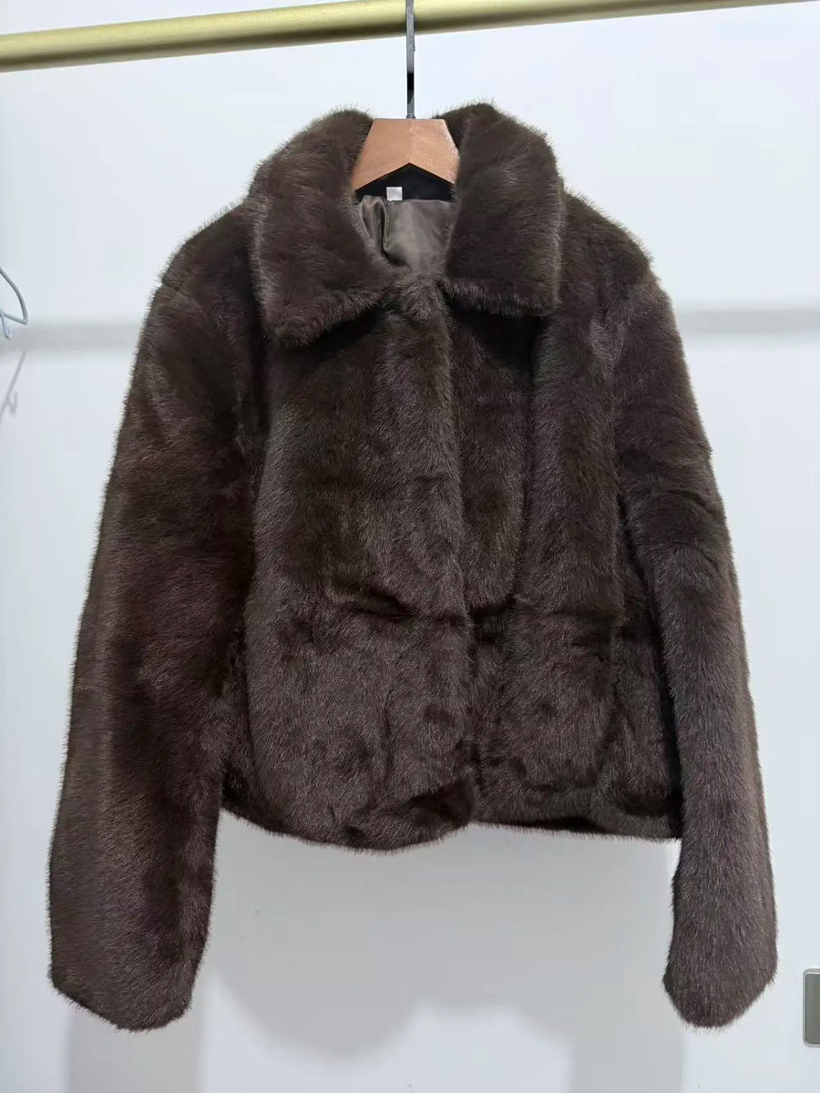 Kurze Damen Kunstfelljacke mit Kragen