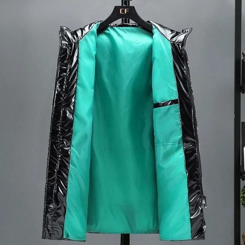 Unisex Glänzender Daunenmantel mit Kapuze – Schwarz oder Silber, Lang, Steppdesign