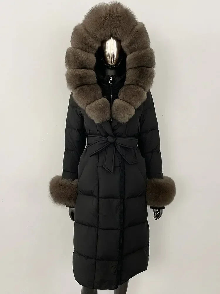 Damen Daunenmantel Lang mit Kapuze und Pelzbesatz Gürtel Steppjacke Warm