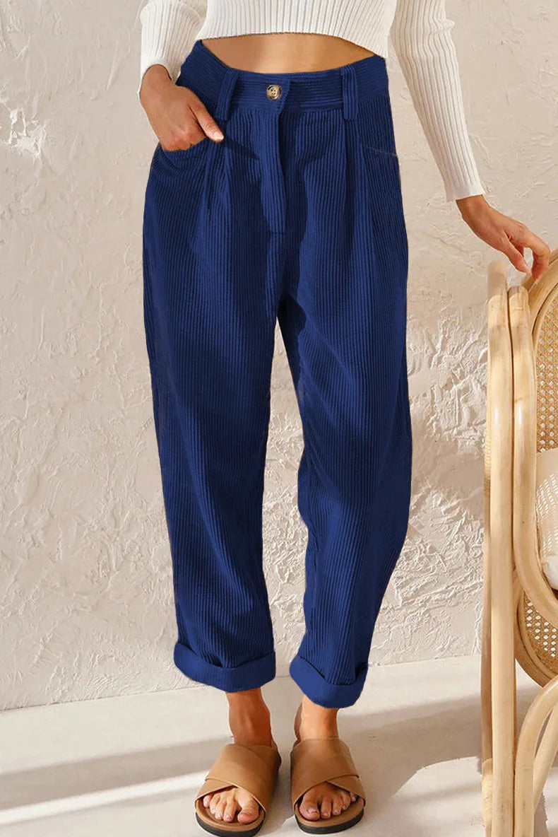 Damen Cordhose mit hoher Taille, weitem Bein und Falten, umgeschlagener Saum, Freizeit-Look