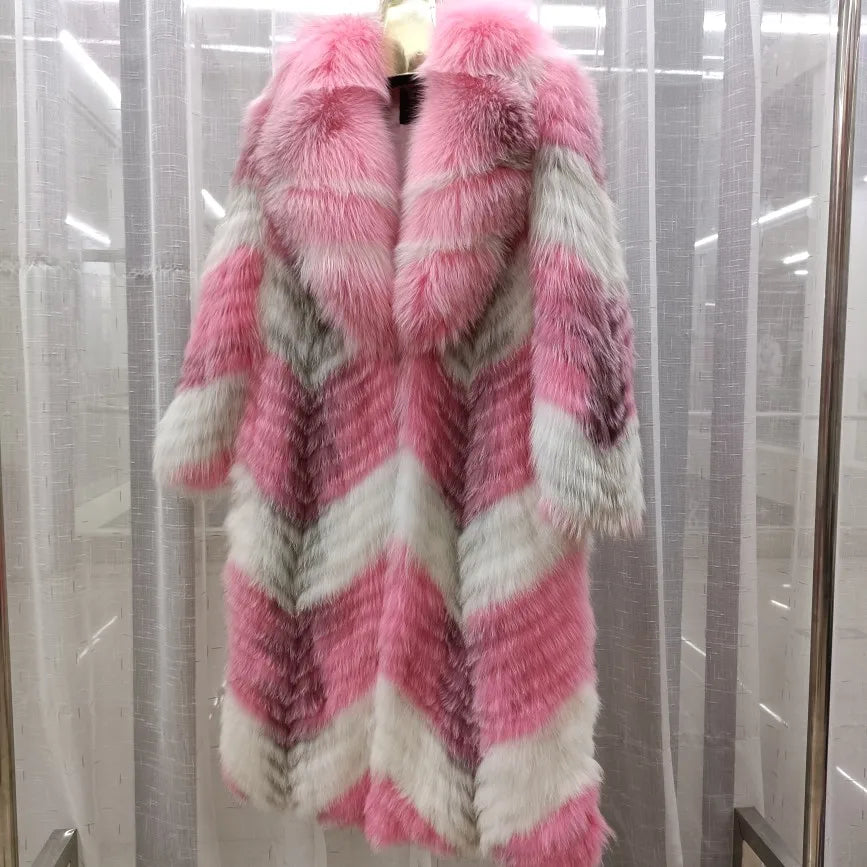 Damen Langer Mantel mit Pelz-Optik im Chevron-Muster