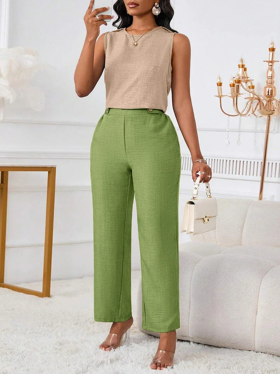 Damen Ärmelloses Oberteil & Weite Hose Set in Khaki