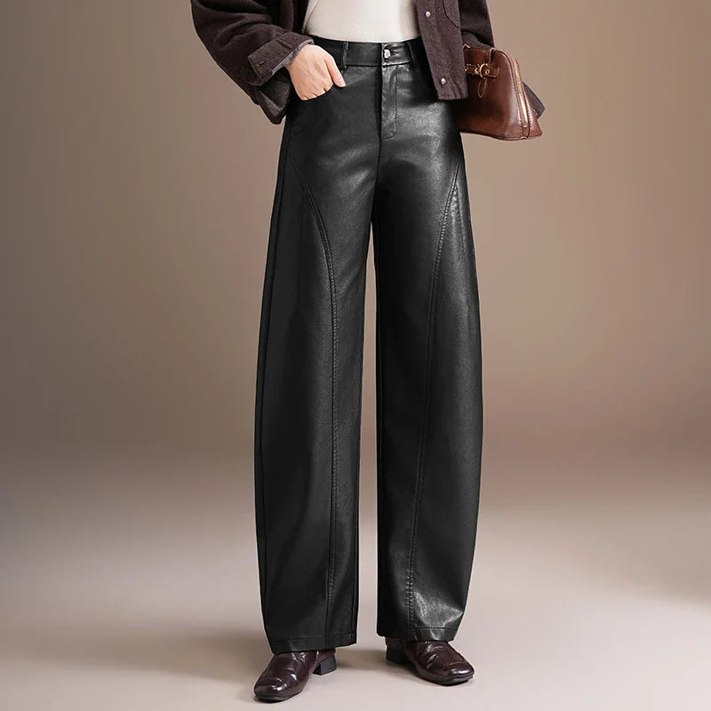 Dameswijde broek met wijde pijpen in lederlook - elegant, hoog getailleerd, bruin of zwart