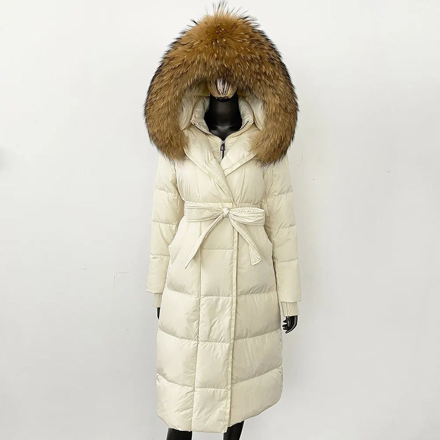 Damen Daunenmantel Lang mit Kapuze und Pelzbesatz Gürtel Steppjacke Warm