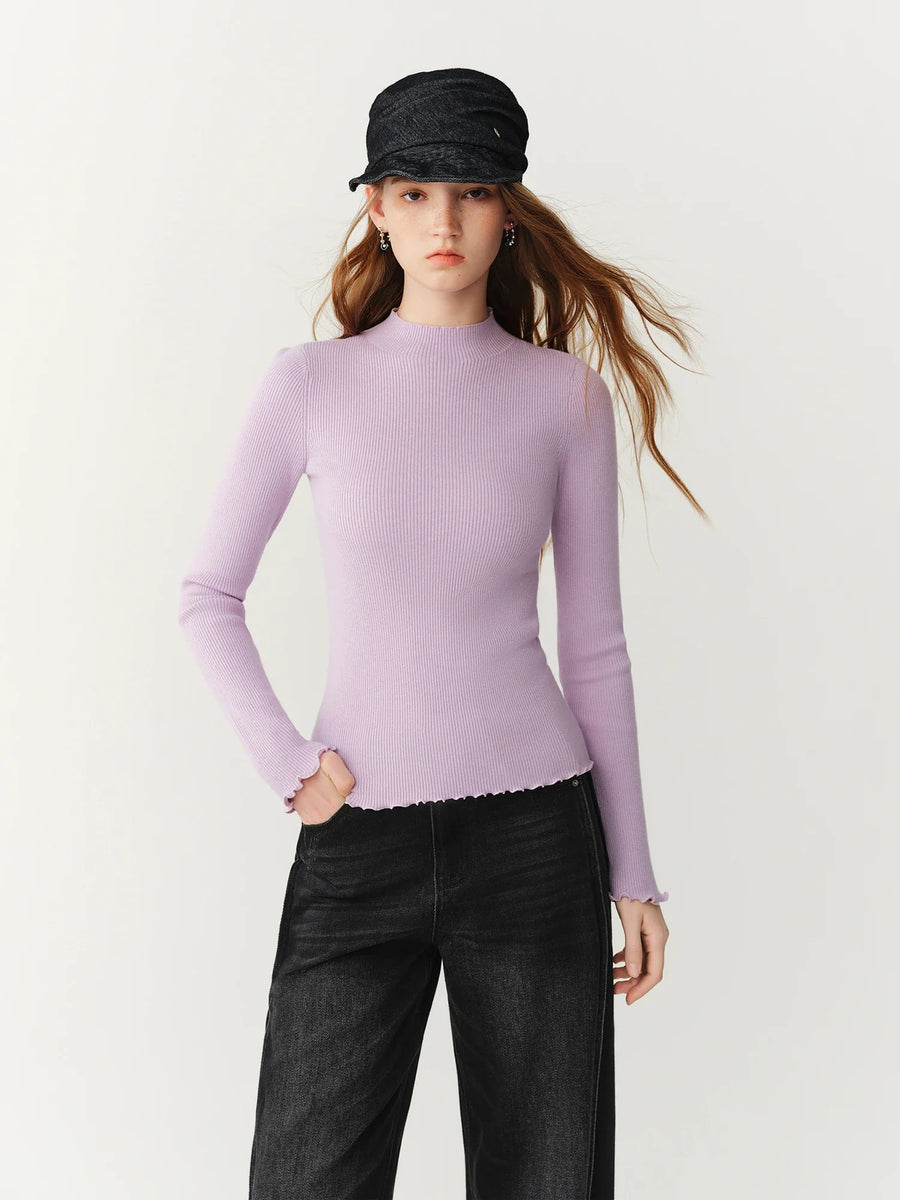 Geribd dames shirt met col en lange mouwen, met golvende boorden