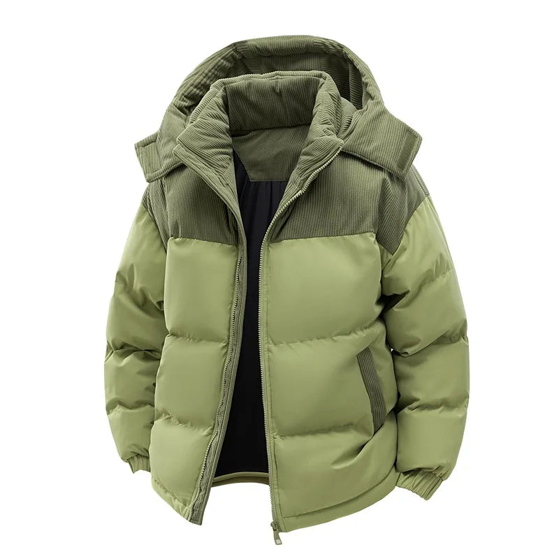 Winter Steppjacke mit Kapuze Zweifarbig Cord-Detail Gepolsterte Outdoor-Jacke