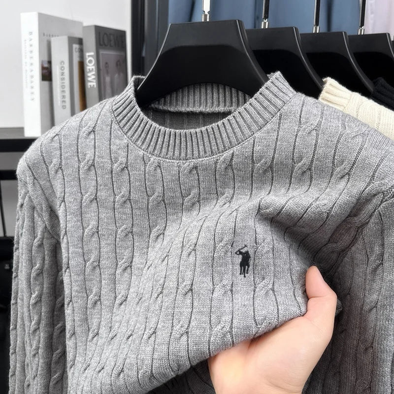 Herren Zopfstrick Pullover Rundhals Langarm Strickpullover