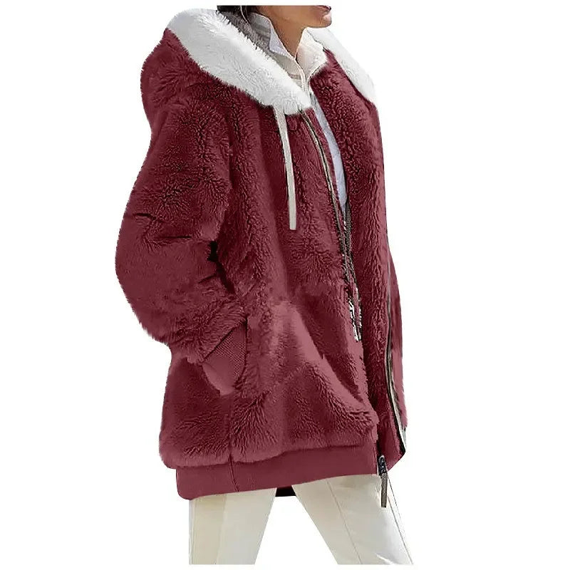 Teddy-Fleece Jacke mit Kapuze und Reißverschluss, flauschig warm