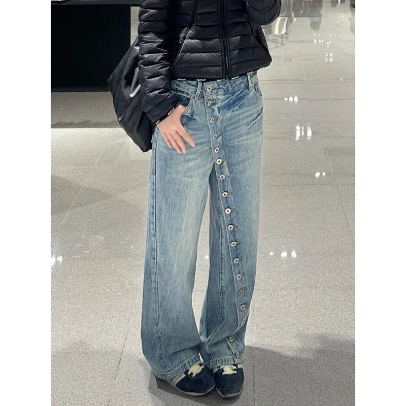 Loose Fit Jeans Damen Hellblau Weites Bein Knöpfe