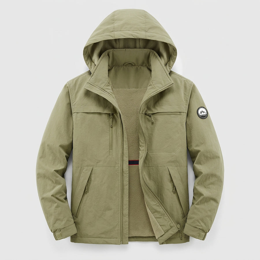 Herren Outdoor Jacke mit Kapuze & Reißverschluss, Mehrere Taschen, Fleece-Futter, Warm