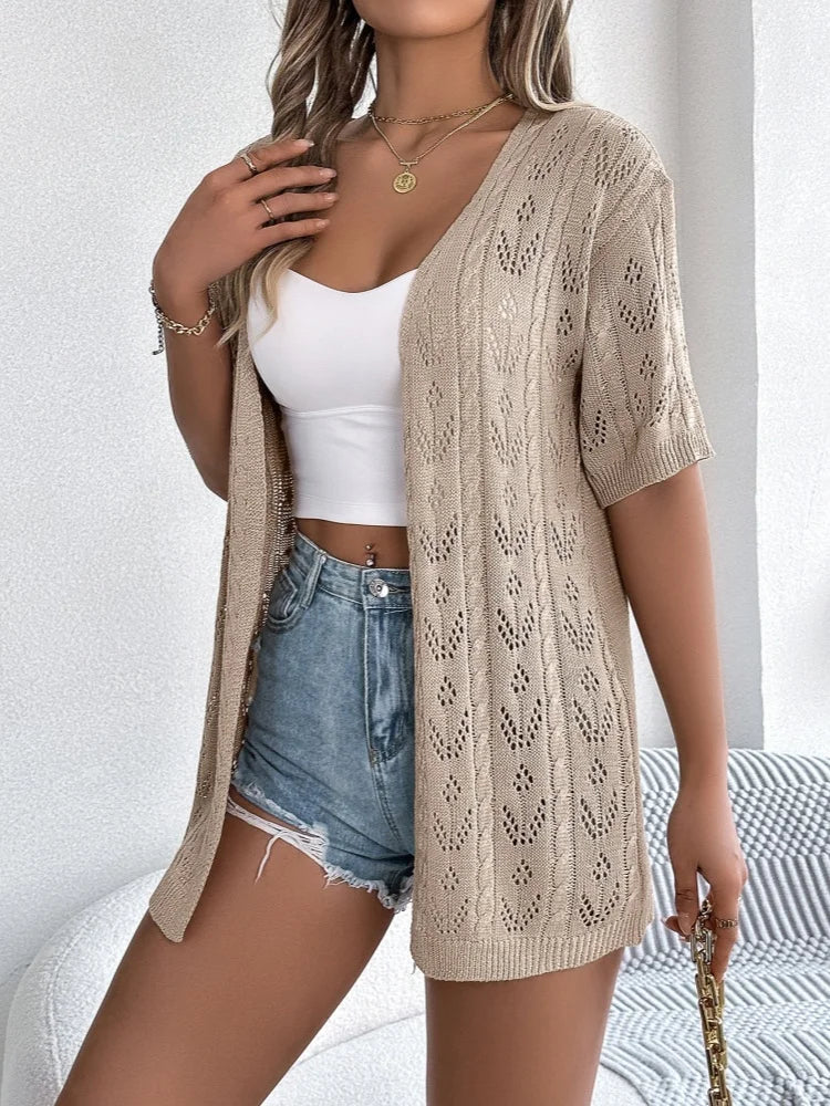 Damen Strick-Cardigan mit kurzen Ärmeln, offener Vorderseite, Lochmuster, Beige