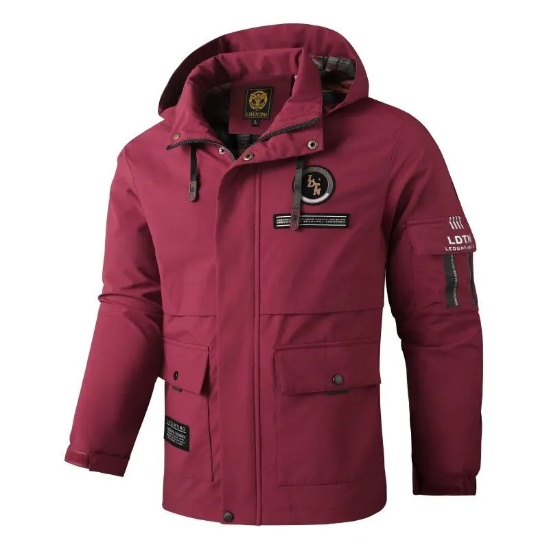 Herren Outdoor Jacke mit Kapuze & Reißverschluss, Winddichte Übergangsjacke mit Taschen