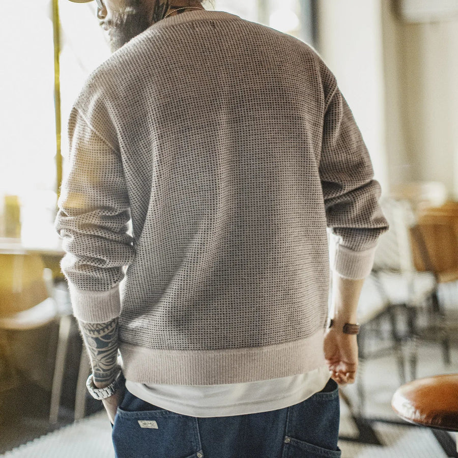 Herren Grobstrick Pullover Rundhals Langarm Beige Waffelstrick