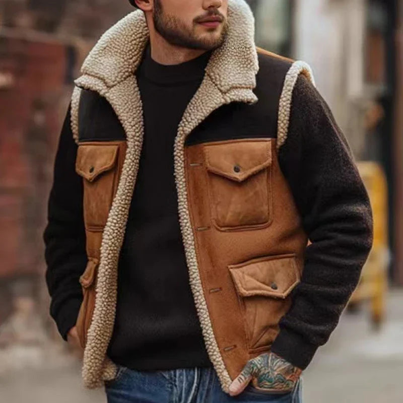 Herren Weste Braun im Wildleder-Look mit Taschen Reißverschluss