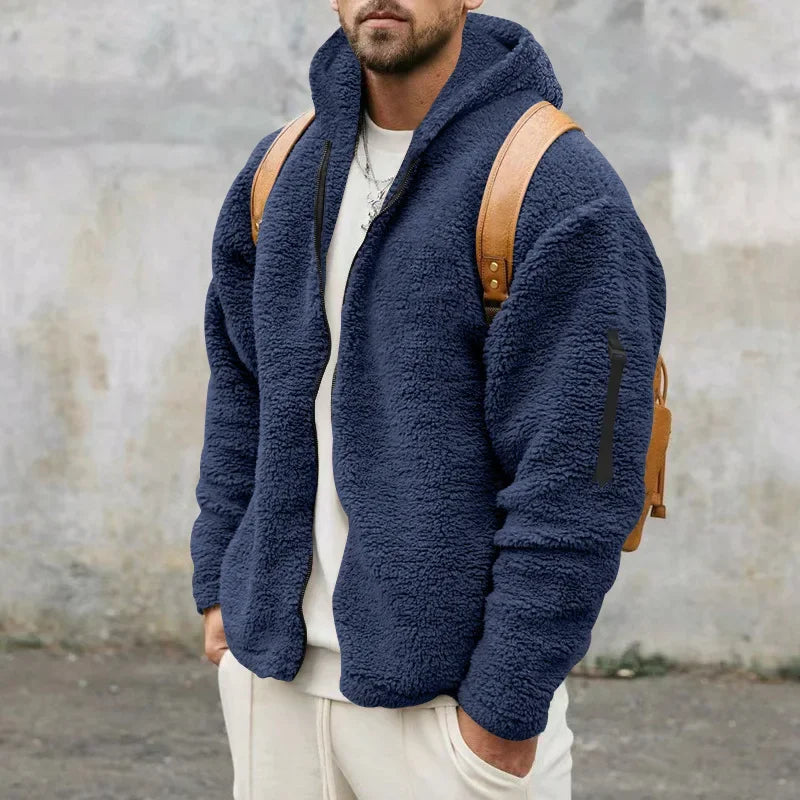 Teddy-Fleece Kapuzenjacke Herren mit Reißverschluss und Seitentaschen - Kuschelig Warm