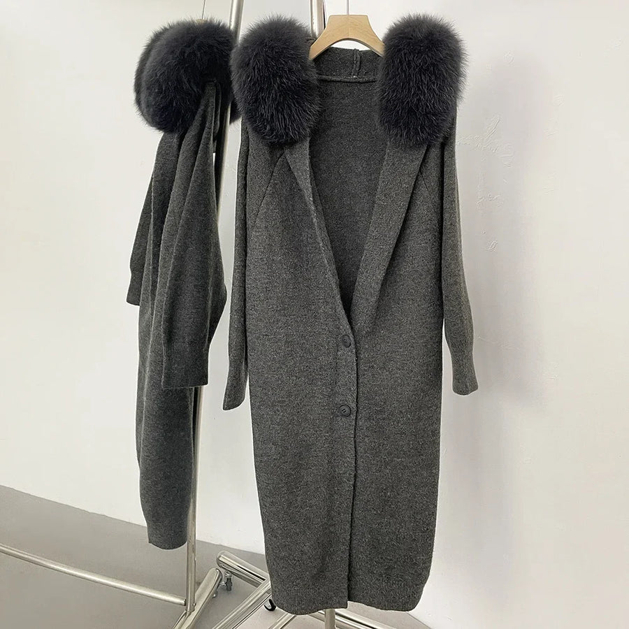 Damen Strickmantel Lang mit Fellkragen Grau