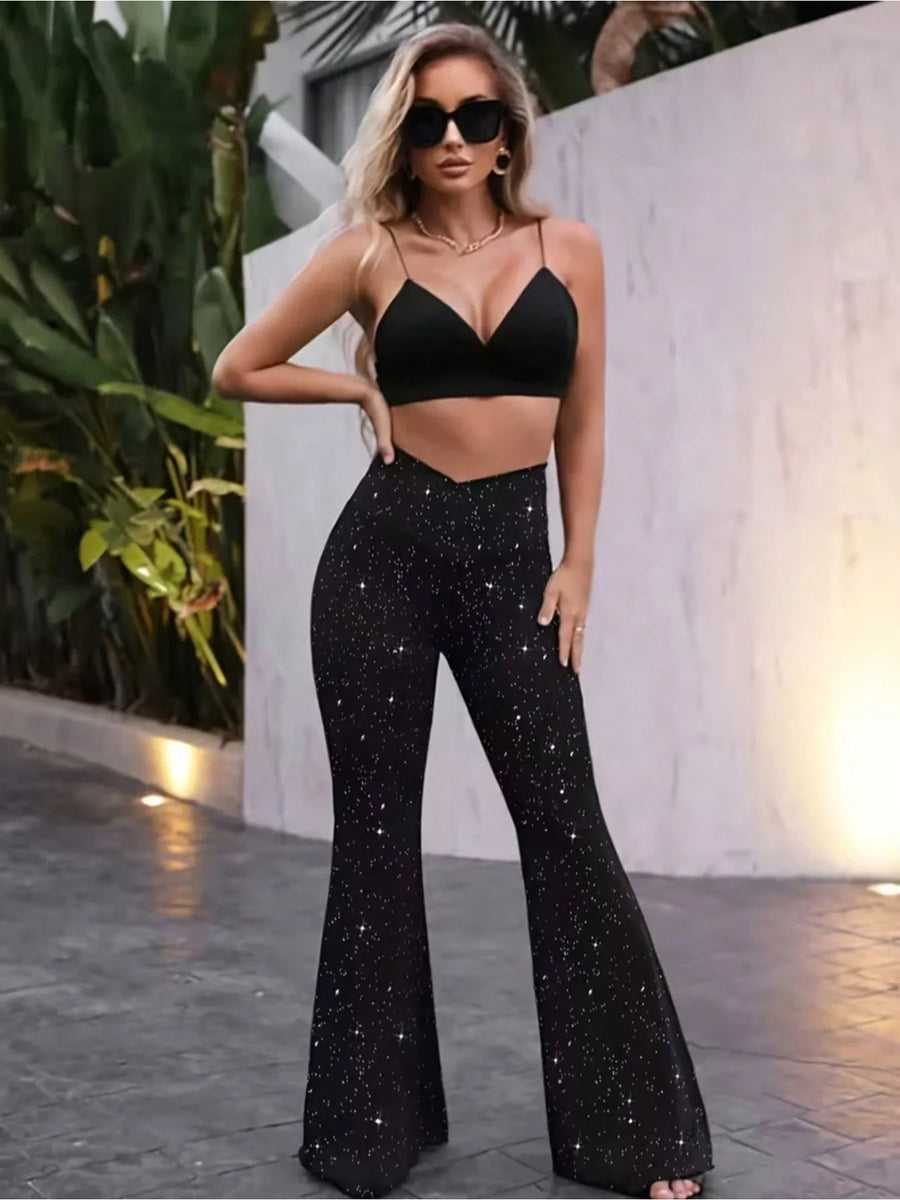 Zwarte wijde damesbroek met hoge taille en sterrenpatroon